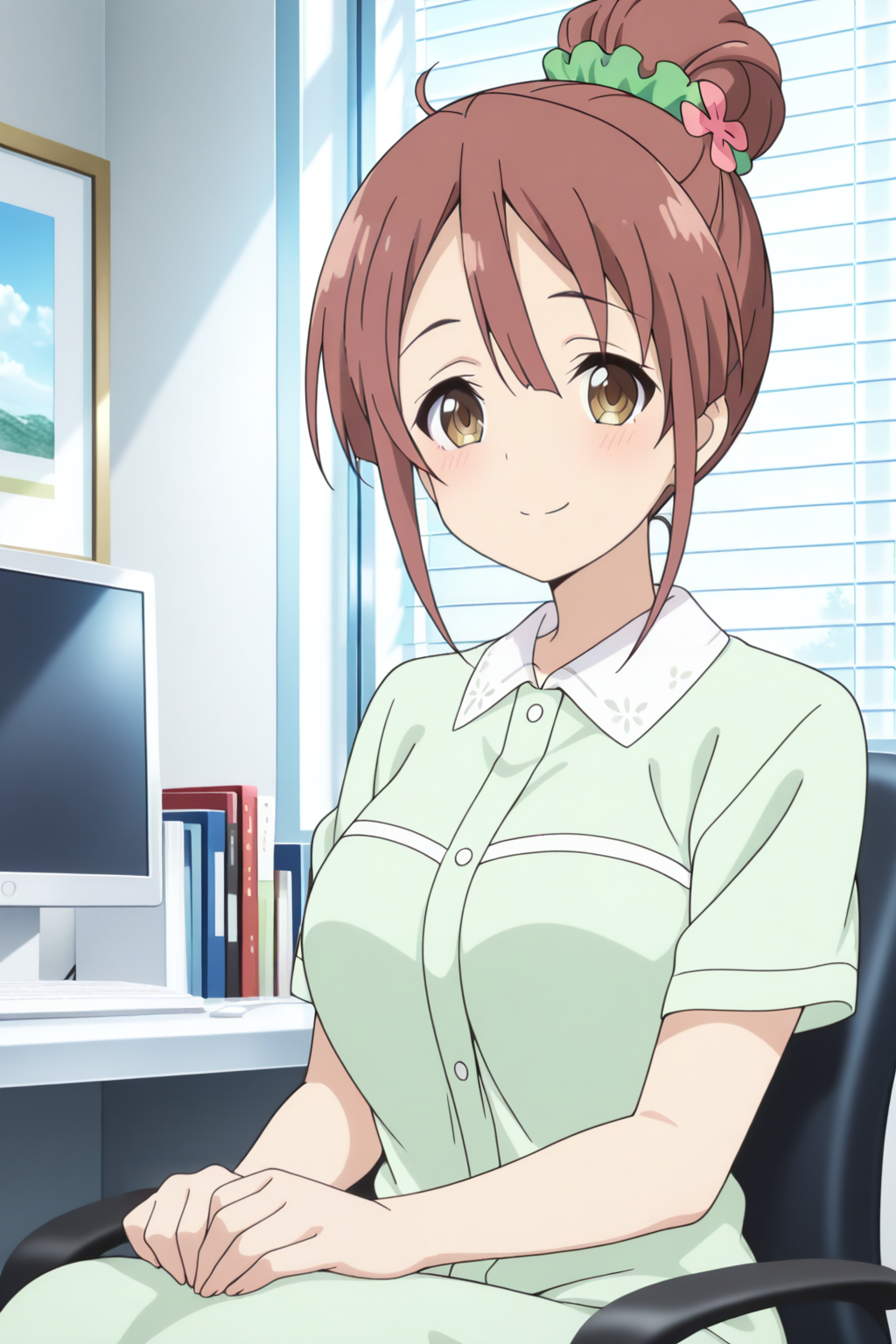 anime screenshot, 1girl, solo, shinomiya shiori, brown hair, single hair bun, green scrunchie, hair scrunchie, hair flower, brown eyes, large breasts, green dress, collared dress, short sleeves,looking at viewer, smile, sitting, cowboy shot, indoors, office, office chair, masterpiece, best quality, high quality, highres, absurdres, <lora:shinomiya_shiori_ILXL:0.9>