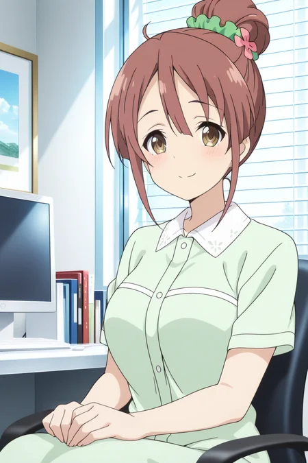 anime screenshot, 1girl, solo, shinomiya shiori, brown hair, single hair bun, green scrunchie, hair scrunchie, hair flower, brown eyes, large breasts, green dress, collared dress, short sleeves,looking at viewer, smile, sitting, cowboy shot, indoors, office, office chair, masterpiece, best quality, high quality, highres, absurdres, <lora:shinomiya_shiori_ILXL:0.9>