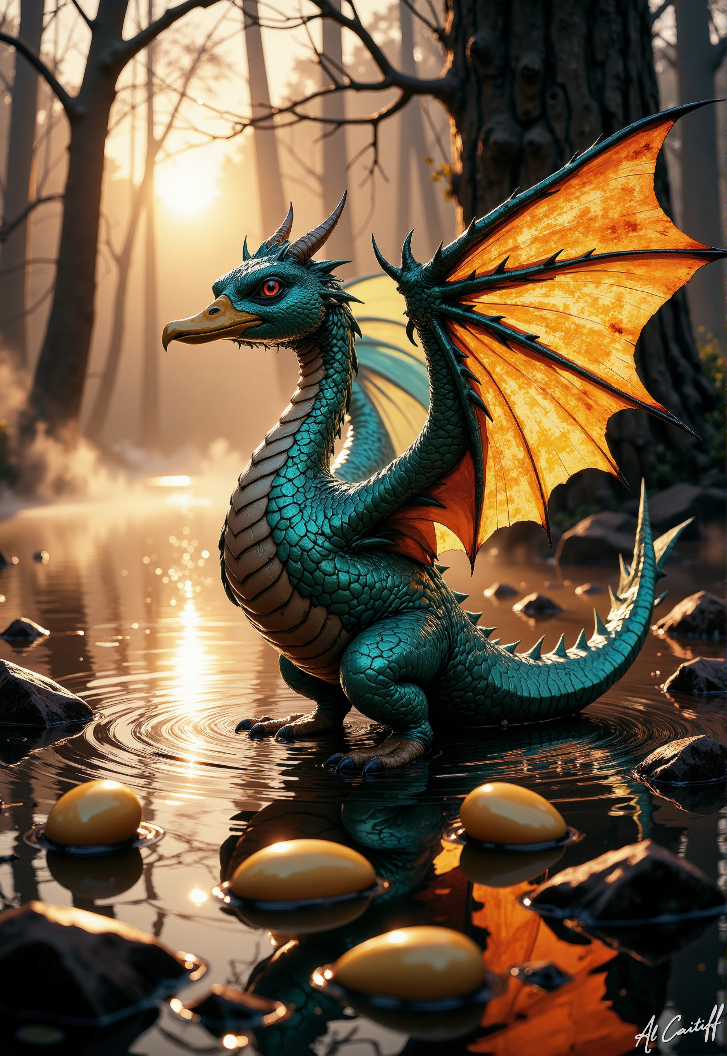 High-angle Dutch tilt shot, 35mm fisheye lens with extreme barrel distortion, intense motion blur on water, shallow f/1.4 depth of field. A majestic iridescent dragon duck creature with a yellow beak and a long, curved dragon wings stands on the edge of a misty forest pond, its teal and turquoise feathers and scales gradating into warm golden hues towards the long spiked tail. The wings are spread wide, as if in mid-flap, with the leading edges glowing with an ethereal, fiery light. The creature's eyes burn with an inner red glow. In the background, a few wispy strands of fog cling to the branches of ancient trees. The atmosphere is eerie and mystical, with a faintly luminescent mist rising from the water's surface. Under the crystaline water golden eggs can be seen. The scene is illuminated by a setting sun hidden behind the trees, casting a warm orange glow through the mist.<lora:CustomFlux/MysticComic-v2.safetensors:0.5000000000000001:0.5000000000000001>