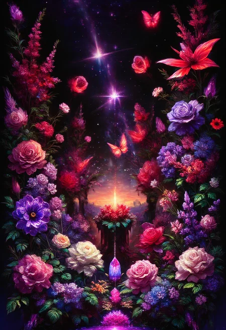 vibrant orange Bleeding Hearts flowers and glowing red butterflies against a pitch-black background Painterly,  surreal, vibrant glow, bokeh, 8k,Pink Roses, purple_flower,pink_flower,white_flower,yellow_flower,grappe_flower,sparkling amethyst crystals