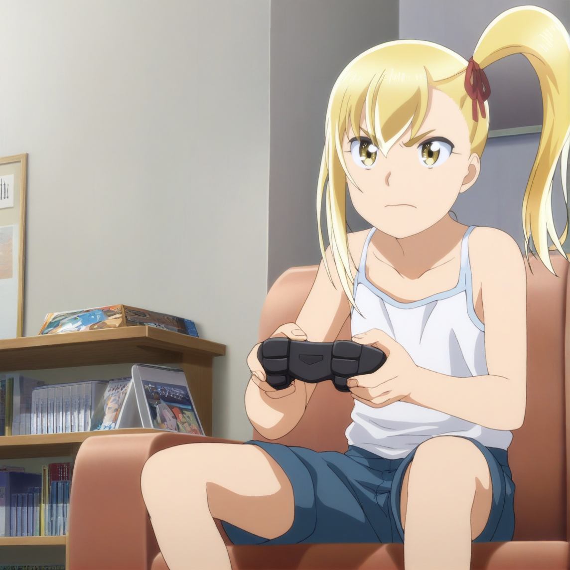 sharp focus, masterpiece, source_anime, (anime_screencap:1.2), absurd res, best quality, BREAK
<lora:Anzu_hinamatsuri_IL_v0.8:1>, anzu_il, 1girl, solo, blonde_hair, right_side_bang, hair_between_eyes, side_ponytail, yellow_eyes, holding_game_controller, blue_shorts, white_tank-top, sitting, couch