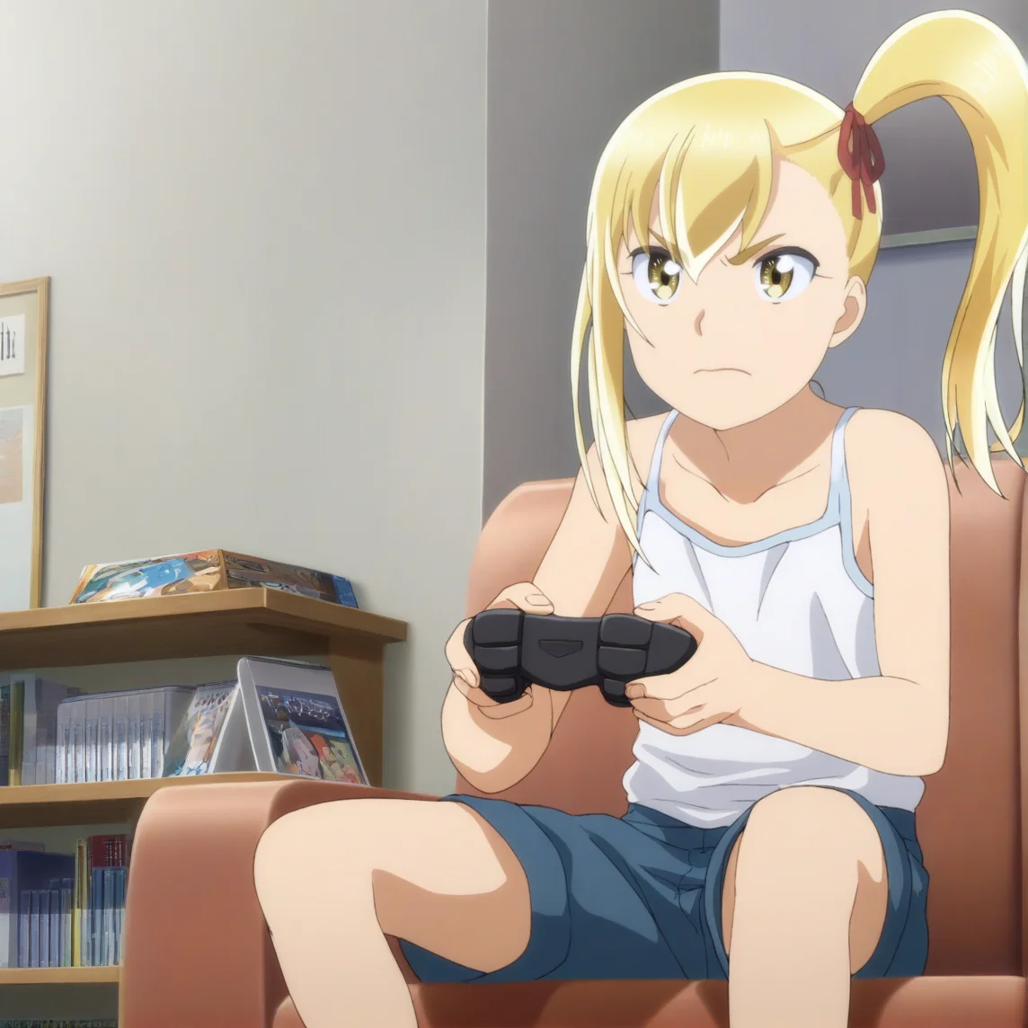 sharp focus, masterpiece, source_anime, (anime_screencap:1.2), absurd res, best quality, BREAK
<lora:Anzu_hinamatsuri_IL_v0.8:1>, anzu_il, 1girl, solo, blonde_hair, right_side_bang, hair_between_eyes, side_ponytail, yellow_eyes, holding_game_controller, blue_shorts, white_tank-top, sitting, couch