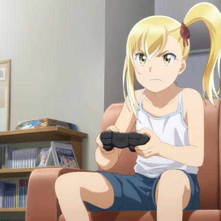 sharp focus, masterpiece, source_anime, (anime_screencap:1.2), absurd res, best quality, BREAK
<lora:Anzu_hinamatsuri_IL_v0.8:1>, anzu_il, 1girl, solo, blonde_hair, right_side_bang, hair_between_eyes, side_ponytail, yellow_eyes, holding_game_controller, blue_shorts, white_tank-top, sitting, couch