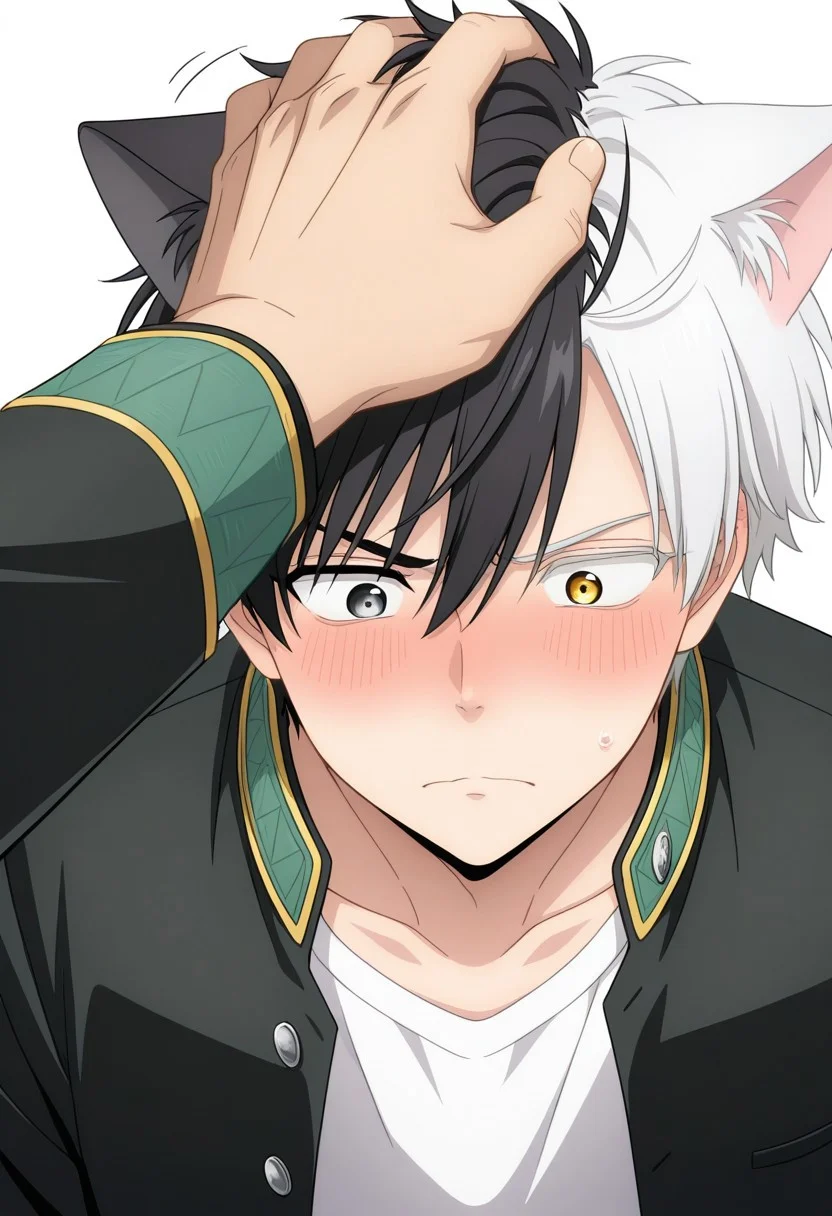 masterpiece,best quality,amazing quality, source_anime, 
sakuharuka, 1boy, male focus, solo, heterocromia, grey eyes, yellow eyes, split-color hair, black hair, white hair, school uniform, jacket, black jacket, open jacket, shirt, white shirt, cat ears, frown, blush, headpat,
1other,