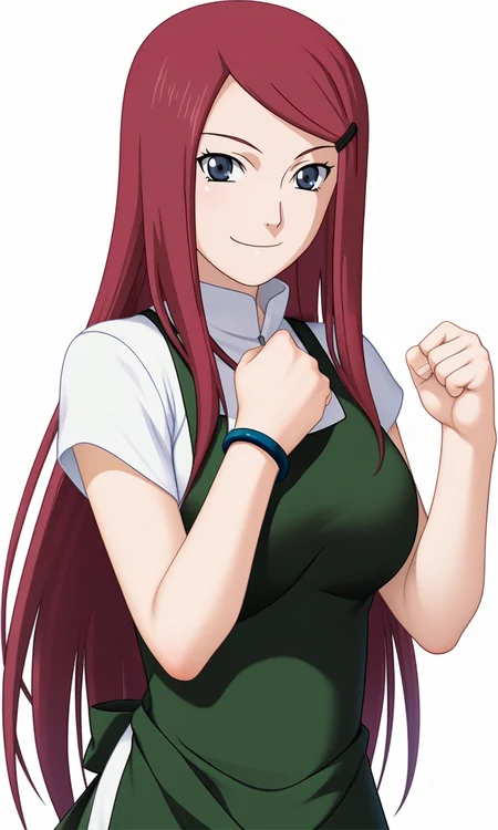 game cg,
breasts,
clenched hand, hand up,
kushinauzumaki, 1girl, solo, looking at viewer, long hair, hairclip,
green apron, white shirt, collar, bracelet,
smile, closed mouth,
white background,
<lora:Naruto_KushinaUzumaki_v2_PXL-000018:1>