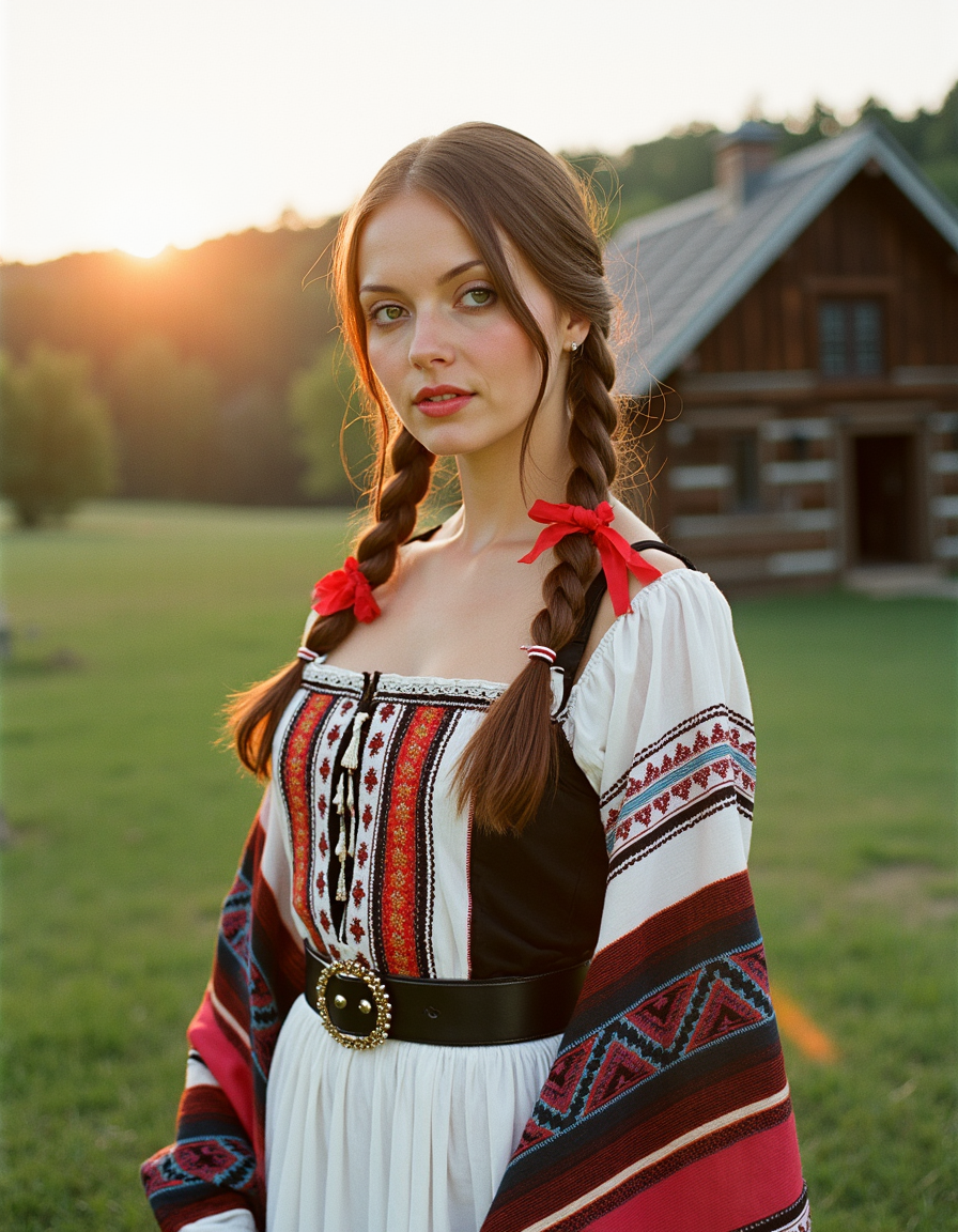 analog photography, shot by Kodak Duaflex II, ultra detailed, ultra quality, cinematic,  a mesmerizing woman with brown hair woven into an elegant braid, adorned with bright red ribbons, standing in a lush meadow. She wears a traditional Romanian blouse (ie) with intricate black and red embroidery, symbolizing fertility and protection. Her flowing white skirt features delicate floral lace along the hem, and a wide, beaded belt accentuates her waist. Over her shoulders, she drapes a vibrantly woven wool shawl with geometric patterns. Her gaze is soft and mysterious, her Slavic cheekbones illuminated by the golden sunset as she stands near a quaint wooden village.  <lora:Janacovaxhres-grm80vx:1>
