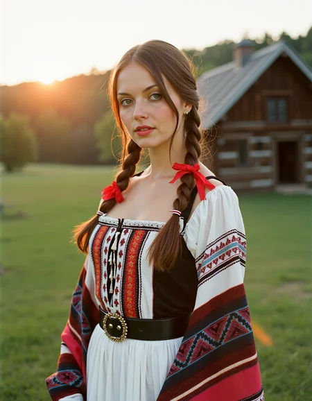 analog photography, shot by Kodak Duaflex II, ultra detailed, ultra quality, cinematic, a mesmerizing woman with brown hair woven into an elegant braid, adorned with bright red ribbons, standing in a lush meadow. She wears a traditional Romanian blouse (ie) with intricate black and red embroidery, symbolizing fertility and protection. Her flowing white skirt features delicate floral lace along the hem, and a wide, beaded belt accentuates her waist. Over her shoulders, she drapes a vibrantly woven wool shawl with geometric patterns. Her gaze is soft and mysterious, her Slavic cheekbones illuminated by the golden sunset as she stands near a quaint wooden village. <lora:Janacovaxhres-grm80vx:1>