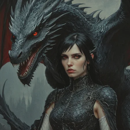 dark fantasy art style, A close-up portrait painting of a pale woman with black hair and eyes standing next to a large dark dragon. The woman is wearing a high-necked, elaborate dress. The dragon's head looms behind her, with highly detailed scales and piercing red eyes, grainy, painterly texture