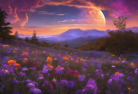 Expansive landscape photograph, (view from below with a view of the sky and the wilderness below), standing in a flower field looking up, (full moon: 1.2), (shooting star: 0.9), (nebula: 1.3), distant mountain, tree break production art, (warm light source: 1.2), (firefly: 1.2), lamp, purple and orange, intricate detail, volume lighting BREAK (masterpiece: 1.2), (highest quality ), 4k, ultra-detailed,