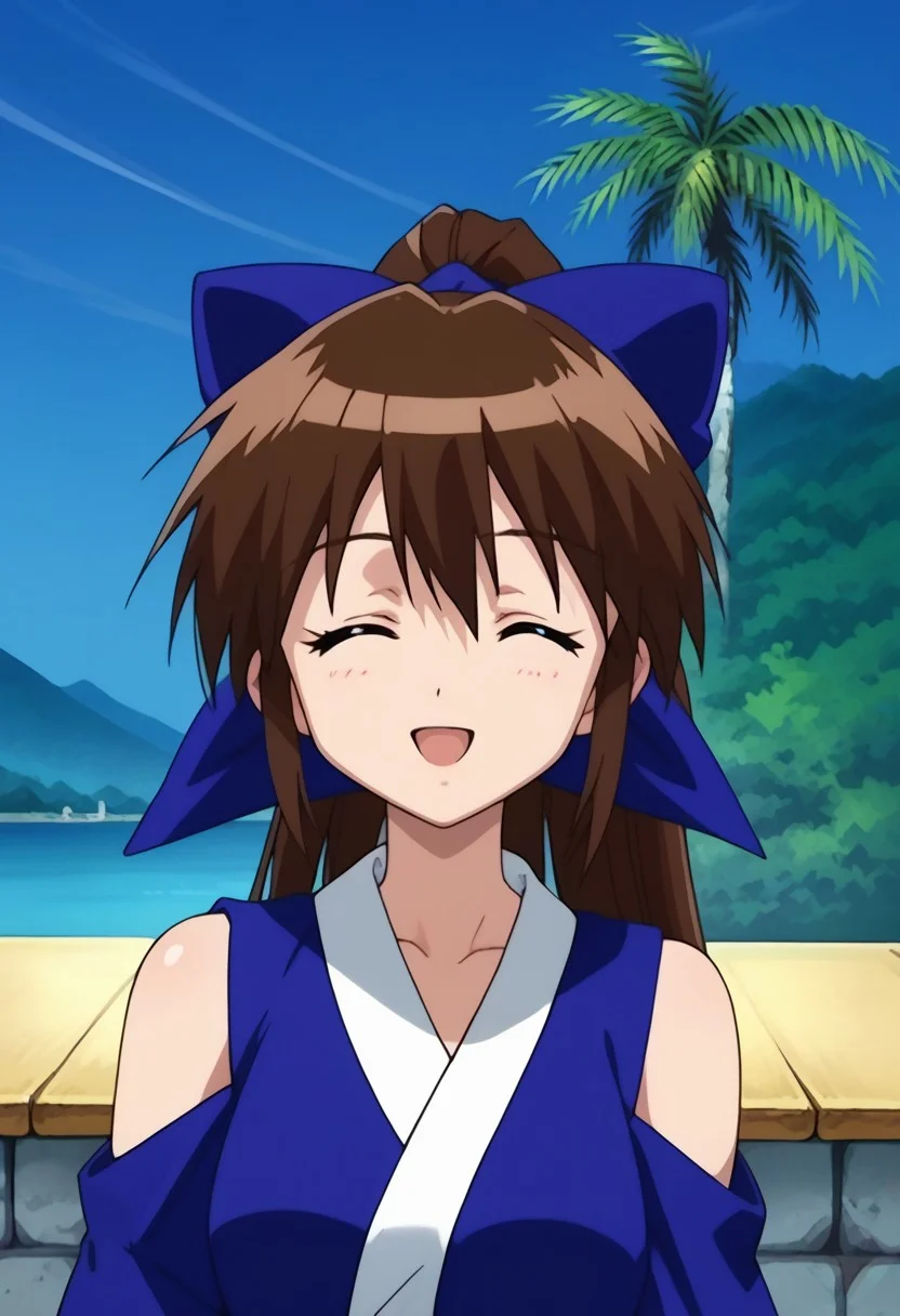 score_9, score_8_up, score_7_up, source_anime, highly detailed,
suzuaira, 1girl, solo, brown hair, long hair, ponytail, closed eyes, bow, hair bow, blue bow, japanese clothes, shirt, blue shirt, short sleeves, bare shoulders,
outdoor, island, palms, sky, upper body, smile, open mouth,
