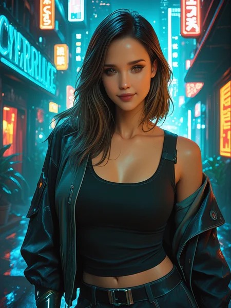 masterpiece, best quality, very aesthetic, dynamic lighting, realistic, 1 woman, solo, cinematic, <lora:JAlbDS:1> JAlbDS, brown eyes, looking at viewer, <lora:MoriiMee_Gothic_Niji_Style_Illustrious_r1:0.5> <lora:Beautiful_Girls_V4:0.5>, out on a midnight walk, suggestive, cowboy shot, graceful, slight smile, cyberpunk city, night, lurid light, a neon jungle