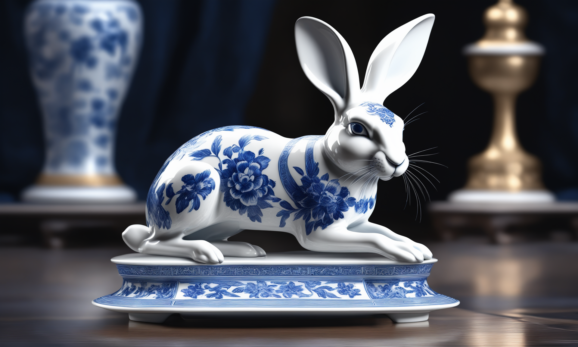 <lora:bwporcelaincd_xl-000007:0.7>, a statue of a hare standing on a table made of (bwporcelaincd_xl, blue and white porcelain, porcelain:1.2, shiny:1.3, solo:1.3) in office, indoors, full body, chinese zodiac, cutie, cute, still life, animal statue, front view, facing viewer, looking at viewer, (Unbelievable Digital Artwork:1.3), CGSociety, ArtStation, master works, 8K,HDR,UHD,masterpiece,best quality,highly detailed,emotional,harmonious,high budget,moody,epic,gorgeous,high resolution,perfect lighting,finely detail,extremely detailed,ultra detailed,realistic,photorealistic,huge filesize,photographic,real,wallpaper,moody lighting,volumetric lighting,reality ray tracing