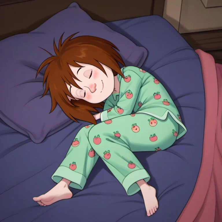 score_9, score_8_up, score_7_up, 1girl, solo, llhh1, brown hair, short hair, ((pajamas)), closed eyes, blush, sleeping, smile, <lora:llhh1:1>, nightlight, dark night, dark, very cosy, asleep, laying down, on bed, legs open., laying on bed, ((full length portrait)), from above, dark Volumetric Lighting,