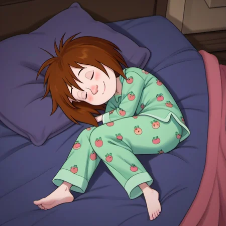score_9, score_8_up, score_7_up, 1girl, solo, llhh1, brown hair, short hair, ((pajamas)), closed eyes, blush, sleeping, smile, <lora:llhh1:1>, nightlight, dark night, dark, very cosy, asleep, laying down, on bed, legs open., laying on bed, ((full length portrait)), from above, dark Volumetric Lighting,