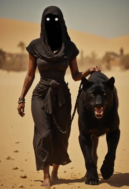 Upper Body Closeup, Create an image of a voluptuous Cleopatra wearing an authentic summer robe with a deep hood. Her face is hidden, replaced by a void of black space with faintly glowing stars and a pale galaxy visible within the darkness. Cleopatra is walking beside a massive, powerful black puma on a leash. The puma’s eyes glow white with a menacing expression. The scene is set in the Egyptian desert, near the Nile River, under a dusty and scorching sun. The atmosphere is detailed with moody lighting, capturing the sandy environment of ancient Egypt.