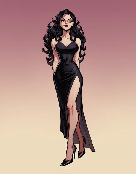 score_9, score_8_up, score_7_up,
fontezxl, looking at viewer,gradient background,
curly hair, long hair, black hair, yellow eyes, sneer, cocktail dress, black dress,high heels,
<lora:fontezxl2:1>,
