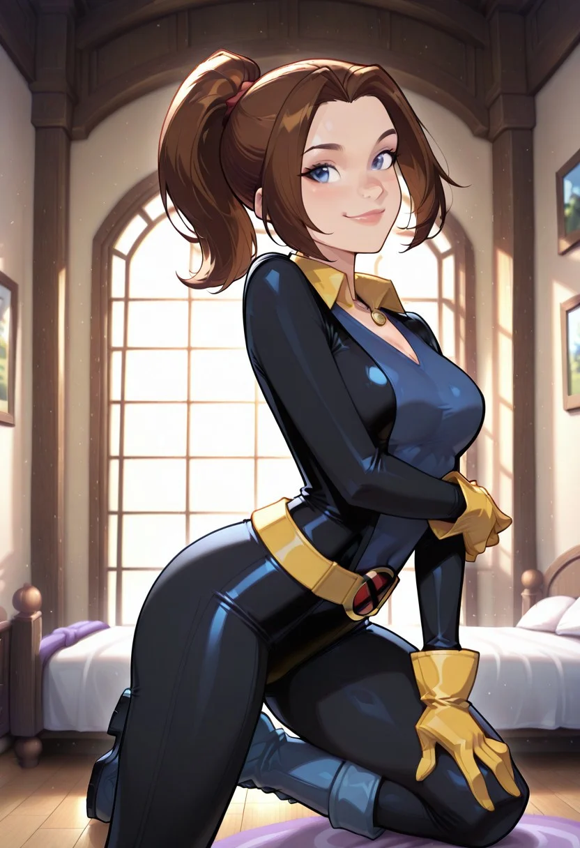 masterpiece,best quality,amazing quality,very aesthetic,absurdres,newest, detailed faces, (((typ0))), (vibrant, dynamic lighting, edge lighting), (dramatic lighting:1.5), (detailed faces:1.5), (detailed eyes:1.5), mansion, bedroom
BREAK
(1girl, KittyPryde, ponytail, parted bangs, brown hair, blue eyes, hero outfit, yellow collar, yellow gloves, blue boots, belt)
BREAK
sexy, cute pose, cute, smile