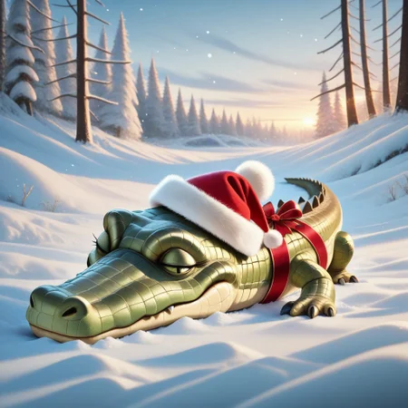 animal christmas, christmas theme,
animal focus, no humans,
crocodile, sleepy, snow, outdoors, christmas hat, ribbon,
masterpiece, best quality, absurdres