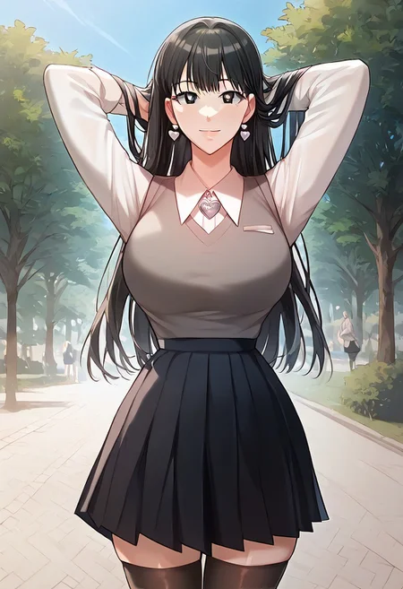 score_9, score_8_up, score_7_up, ASCII masterpiece, source_anime, BREAK, 1girl, solo, (( <lora:yoo_jenny:1> , yoo_jenny, thin waist, normal hips, beautiful skin, beautiful black eyes, clear eyes, bright pupils, beautiful eyes, beautiful black hair, beautiful long hair, bangs, big and shaggy breasts, natural beauty, extraordinary beautiful woman, attractive woman, super sexy woman, lustful body, sexy woman with seductive obscene body, sensual body, voluptuous body, sexy beauty, no piercings, no piercing, makeup, )), ((formal, long white shirt, grey sleeveless vest, white heart-shape earrings, big grey heart-shape pendant, grey hair band, black pleated skirt, black thighhighs, )) , looking at viewer, uncensored, sexy pose, beautiful smile, outdoor, park, looking at viewer, horny, seductive, cute pose, cowboy shot, front view, hands behind head, closed mouth,