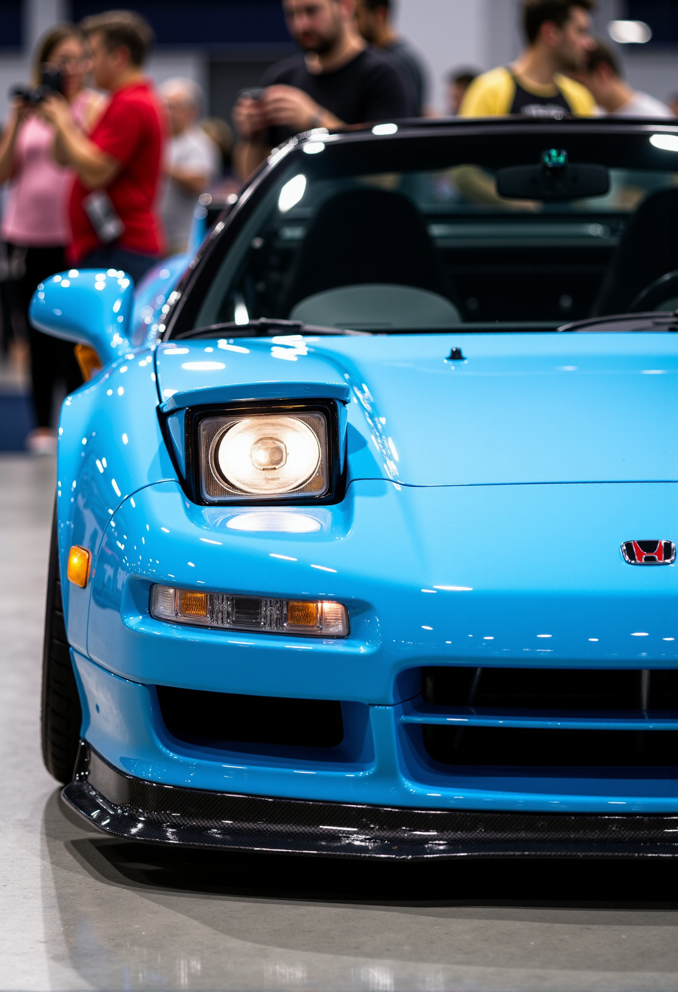 <lora:Honda_NSX:0.80>
(A from a  front view:1.3) of the Honda NSX NA1 from '95, a showpiece carved with angular perfection, its body adorned with a smooth gradient from Pearl White at the front to Sky Blue at the rear, the pearlescent white front radiating purity under the bright lights of a car show while the blue rear shimmers softly. From this close-up front perspective, the pop-up headlights and rectangular grille take center stage, their sharp edges catching streaks of white light with surgical precision, while the carbon-fiber hood’s glossy weave shimmers with every flicker of the exhibition lights. The razor-sharp panel gaps between the grille and headlights reflect Honda’s masterful craftsmanship, while the glass-like headlight covers glow softly, adding depth to the composition. This close-up front shot intensifies the Honda NSX NA1’s commanding presence, its angular design dominating the frame with unapologetic intensity. The background melts into a soft bokeh of the car show crowd, their blurred figures fading into a haze of warm light, making the Pearl White to Sky Blue gradient the focal point, its elegant transition shining with every ray of light. This isn’t just a Honda NSX NA1—it’s a masterpiece of JDM engineering, captured in a moment of pure admiration.