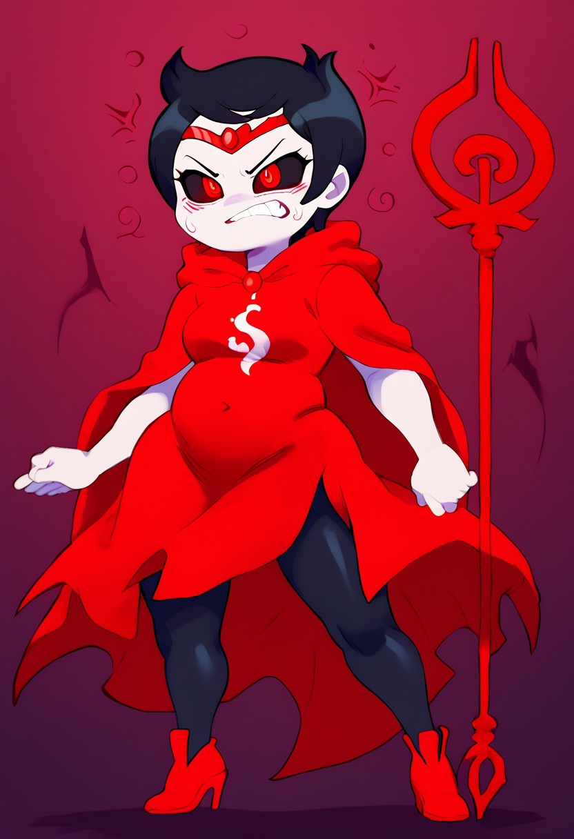 score_9, score_8_up, score_7_up, score_6_up, easynegative, angstrom, 
solo, 1girl, jane crocker, black sclera, black hair, red pupils, circuits, mind control, corruption, tiara, crockertier,
blank face, neutral face, no expression, angry face, dark skin
dark background,
red robes, white symbol,
red trident, red weapon, 
chubby, round,
