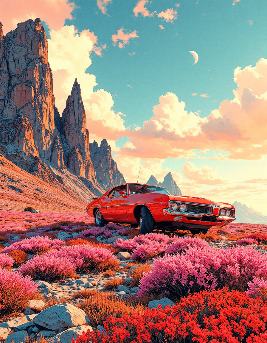 A vibrant surreal landscape featuring a classic red retro car parked on a colorful hillside covered with lush pink and red wildflowers. The sky is a dreamy mix of soft pastel blues, pinks, and oranges, filled with fluffy, scattered clouds. In the distance, sharp rocky cliffs rise dramatically, adding contrast to the smooth curves of the car. A distant planet or moon is visible in the bright sky, enhancing the otherworldly atmosphere. The scene is bathed in warm, golden sunlight, creating a magical, ethereal vibe. Highly detailed, cinematic lighting, dreamy and surreal aesthetic with vivid colors