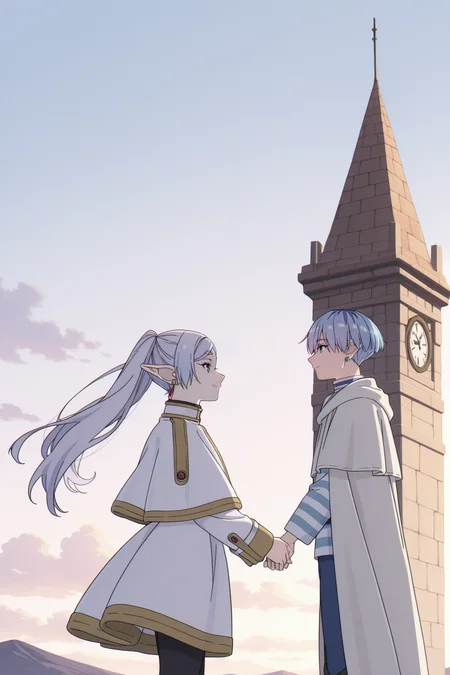 <lora:FrierenStyle:1>, FrierenStyle, 1girl, 1boy, pointy ears, elf, twintails, jewelry, long hair, earrings, pantyhose, white capelet, blue hair, capelet, short hair, long sleeves, green eyes, black pantyhose, white hair, tower, outdoors, grey hair, clock, dress, profile, striped shirt, looking at another, cloak, shirt, smile, white cloak, from side, holding hands,