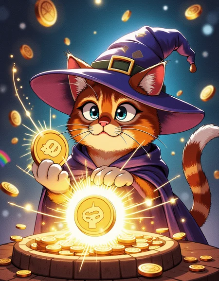 A cat wearing a wizard hat, holding a Buzz coin in its paw like a magical artifact. The cat looks confused and slightly annoyed, as a sparkling portal swirls around them, and a rainbow of Buzz coins spills out from the portal. The caption reads, "I summoned the wrong spell, and now I'm stuck in an endless loop of Buzz!" The cat's tail flicks in exasperation.  <lora:RetroAnimeFluxV1:0.7>, <lora:dieselpunk-delight:0.3>