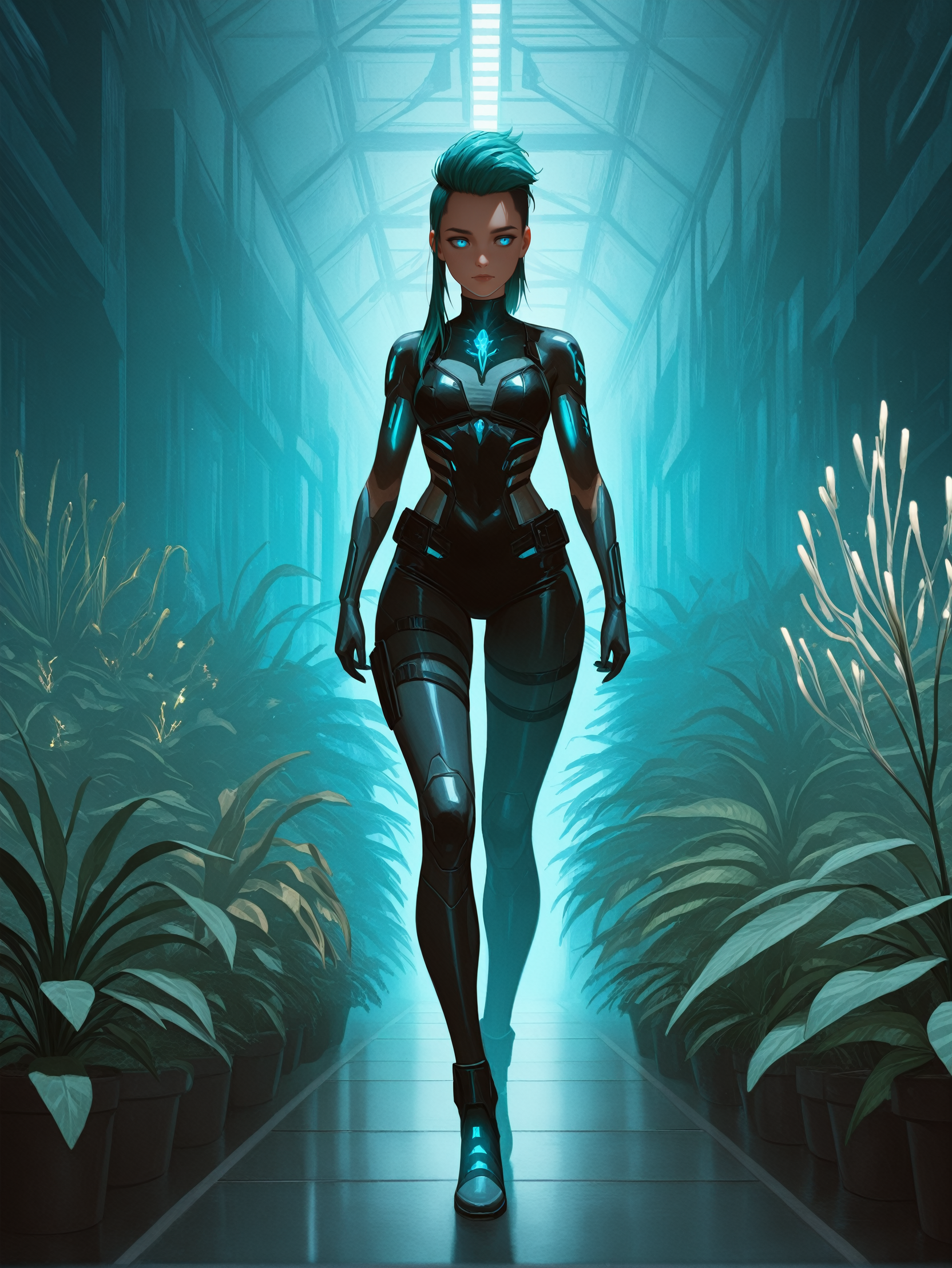 masterpiece, best quality, absurdres,
<lora:ILCyberRogueYoung:1.0>
CyberRogueYoung, 1girl, aqua hair, asymmetrical hair, blue eyes, A glowing cybernetic garden, walking through shimmering bioluminescent plants, her cyberware reflecting the light.