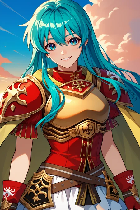 score_9, score_8_up, score_7_up, score_6_up, source_anime, 1girl, solo <lora:defeirika-pdxl-nvwls-v1-000005:1> defEir, cyan hair, long hair, hair between eyes, red shirt, gold trim, gold-trimmed armor, yellow cape, red gloves, fingerless gloves, brown straps, white skirt, looking at you, smile, happy, blue sky, clouds, sunset, upper body