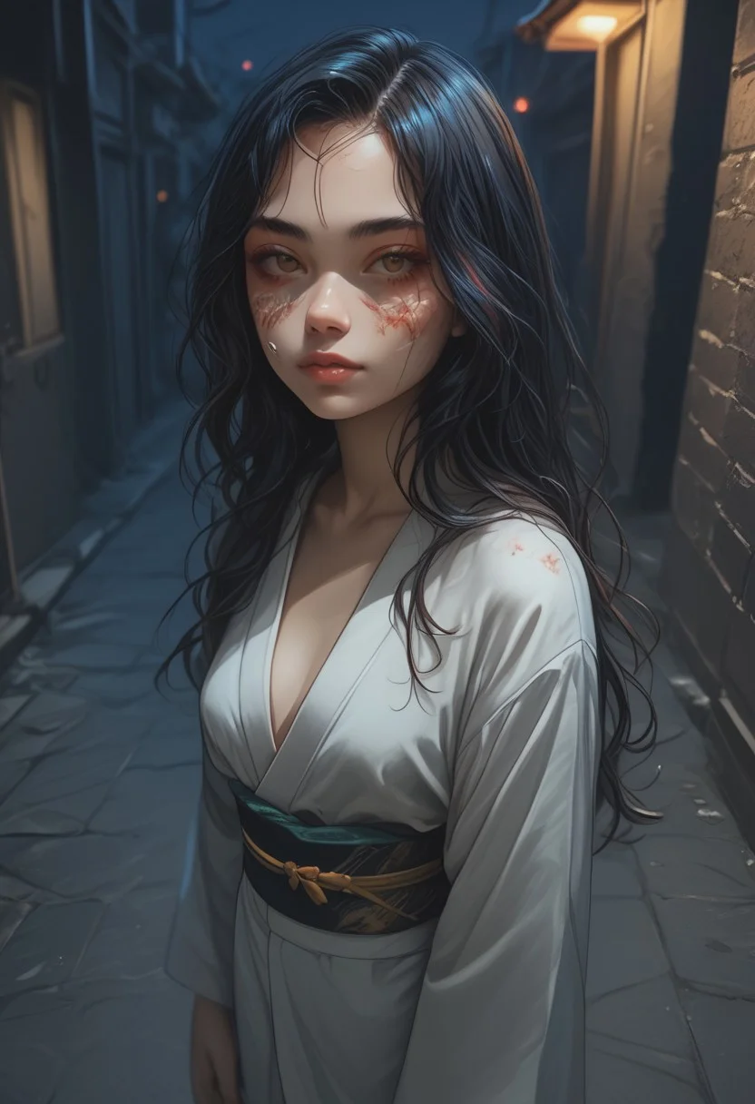 score_9, score_8_up, score_7_up, score_6_up, 1girl, solo, medium breasts, long hair, attractive, symmetrical face, soft structured facial features, (bruises and scratches:0.8), night, alleyway, dark, (egyptian:0.6), (brazilian:0.6), from above, kimono, th3rm4l, colorful, thermal