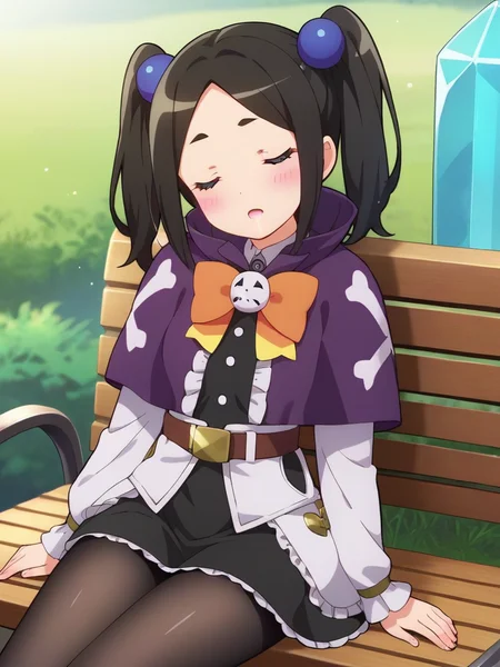 magic staff laying nearby, sitting on bench, sleeping, closed eyes, saliva drip, saliva, blush, head tilt, from front,
<lora:Tokishikko_Pony:0.6> Tokishikko_Dana, blue_eyes, black_hair, long_hair, twintails, parted_bangs, small_breasts, hair bobbles, purple_capelet, black_dress, frills, black_pantyhose, belt, long_sleeves, orange_bow,, masterpiece,best quality, highly detailed, score_9, score_8_up, score_7_up, score_6_up,source_Anime,