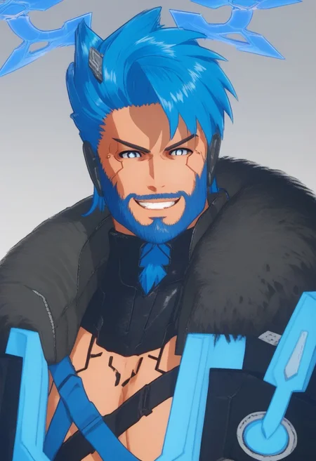 Casual_Q_Clloseup, Cast_Closeup_halo, Cast_Q, Casual_Q _Jacket, Casual_Q_Closeup, Casual_Q male, blue short wild hair, goatee, serious, muscular,  anime, cyberpunk, portrait shot, upper torso, closeup face, narrow eyes, blue mechanical eyes, Bara(may be needed), ((closeup shot)), headshot, strong facial features, scruffy beard, blue hair, short wild hair, smirking, looking at viewer, toothy smile