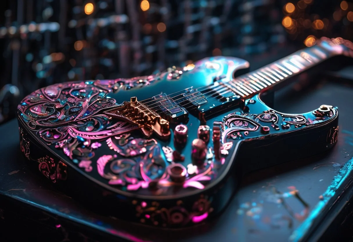 RAW photo of a very detailed reflective guitar with whimsical elements, completely dark studio, magical glowing podium, the rom is dark, only light of source is the guitar, cyan and pink neon, complimentary colors, reflective enviroment, spot lights, fantasy style, 90% black and 10% gold colors, big white diamonds on the guitar, strong depth of field, darkness, dramatic light, dusty black theme, intricate details, ultra sharp, exquisite detail, flawless composition, vivid colors, masterpiece, exciting background, timeless elegant and Exquisite Copper Ornaments