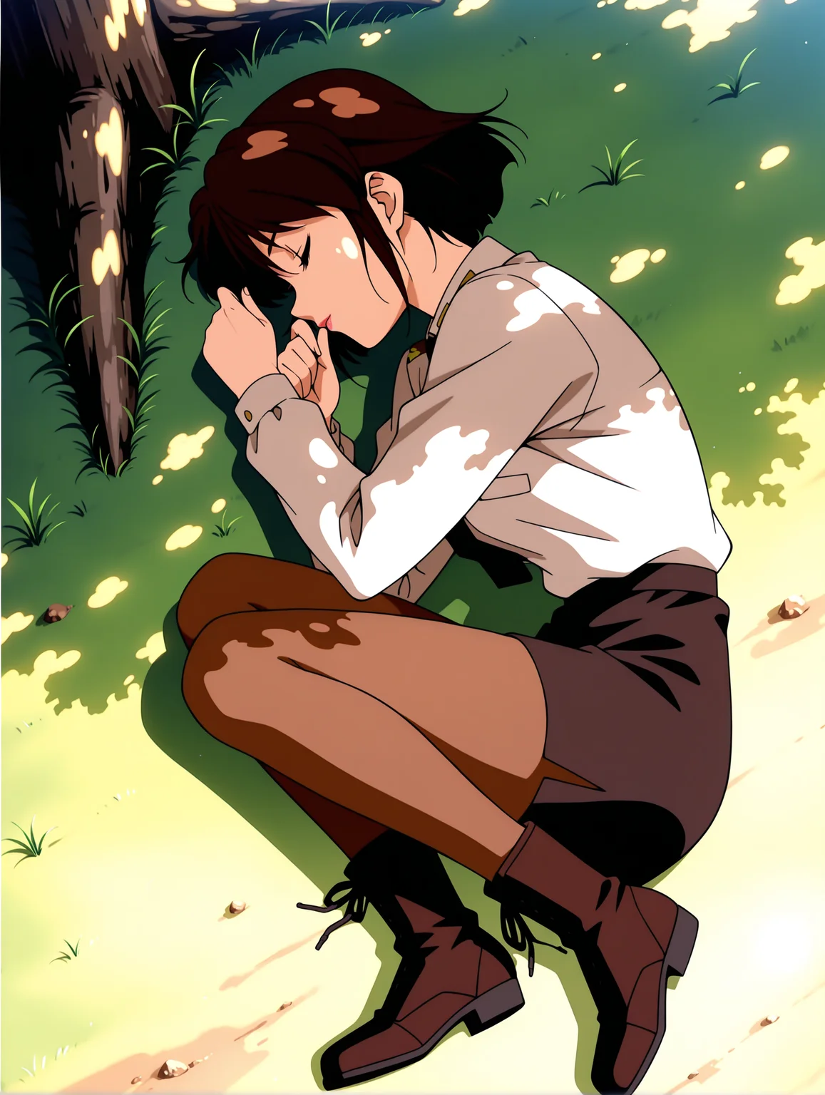 masterpiece,best quality,amazing quality,
1girl,solo,
<lora:Yuriko_Star_ilxl_v1.0:1>,Y_S,brown hair,short hair,brown eyes,lipstick,
y_clothes,shirt,black tie,black pencil skirt,brown pantyhose,boots,anime screencap,
<lora:Fixhands_anime_bdsqlsz_V1:1>,kind_smile,sunlight through the trees,lawn,tree,on_side,fetal_position,closed eyes,profile,simple_background,shot from above,(((lie on the ground))),