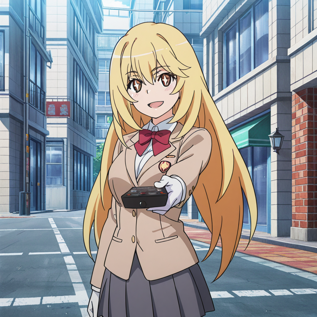 nsfw, masterpiece, best quality, amazing quality,1girl, solo, index_railgun_shokuhou_misaki, standing, smile, symbol-shaped pupils, tokiwadai school uniform, blonde hair, long hair, controller, remote control, red bow, white gloves, bow, open mouth, holding, white shirt, red bowtie, brown jacket, outdoors, street, <lora:Shokuhou_Misaki_-_Index_Railgun:0.7>