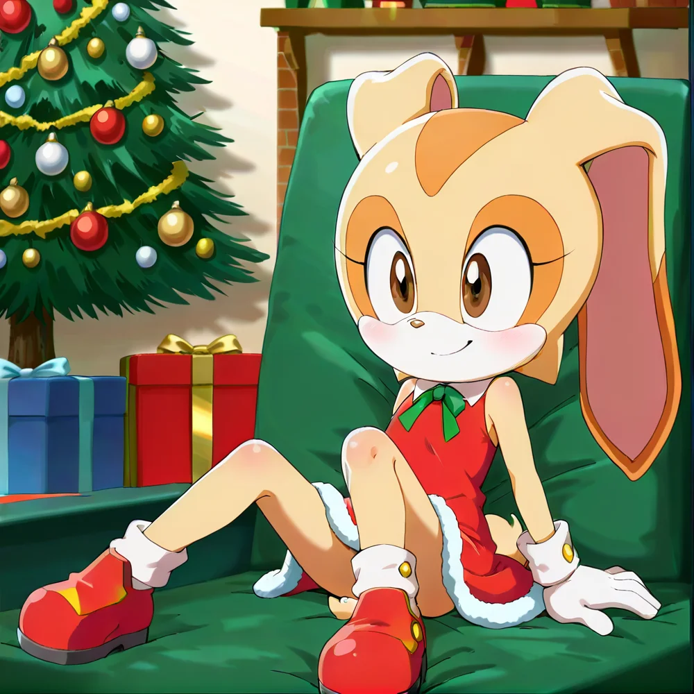 hi res, best quality, female, Score_9, score_8, score_7 BREAK, best anatomy, (solo), small body, young, petite, ultra detailed, short, (source_cartoon), (((show accurate))), (masterpiece), <lora:Cream_the_Rabbit:1>, cre@m_the_rabbit, furry, rabbit ears, two-tone fur, animal nose, brown eyes, rabbit girl, white gloves, official style, rabbit tail, 1girl, Christmas outfit, smile, sitting, presents, Christmas tree