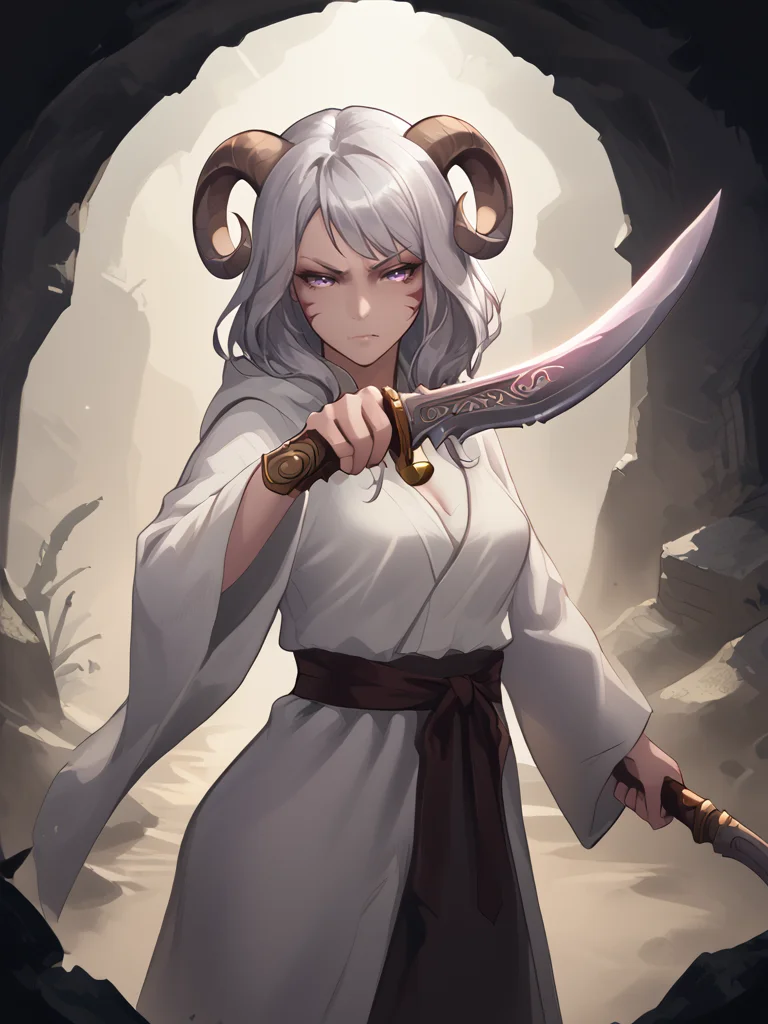 source_furry, score_7_up, rating_safe, source_anime:1.2,
kukri, holding kukri:1.2, holding weapon,
tiefling_bard_Diana:1.2, silver hiar, robe:1.2, solo, cave, naughty face, swept bangs, ruins, bell necklace, fighting stance, cowboy shot, close up,
purple eyes, <lora:whisker_markings:0.4>red whisker_markings,
<lora:Nanoless_Artist_Style_PonyXL:0.2> <lora:age_slider_v4:0.7>
<lora:Test_Diana:0.8>,
<lora:Smooth Style 2 SDXL_LoRA_Pony Diffusion V6 XL:0.3>
<lora:kukri:1>