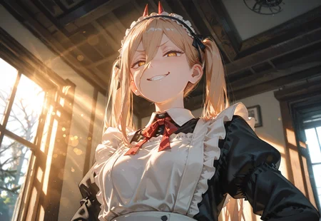 ((low angle,smug,grin:1.5))
1 girl,Power_(Chainsaw_Man),red horn,(cross shaped pupils:1.4),(golden and red iris:1.4),jagged teeth,
(Maid outfit,maid headband, twintails:1.5),(bedroom:1.5),(sunlight from window:1.5)
(Bokeh around character:1.2),(dynamic pose),((foreshortening:1.5)),((extreme perspective:1.4)),((negative space:1.5)),((dynamic angle:1.5))
748cmstyle,Smooth_Quality,amazing quality, ((aesthetic:1.3)),((4k,8k,Ultra HD)),((Masterpiece :1.2)),((Best quality :1.2)),((Detailed :1.5)),((Detailed background :1.5))