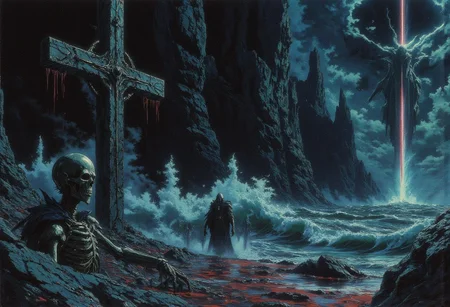 A desolate and eerie seashore stretches into infinity, its jagged rocks rising like the jagged teeth of an ancient beast. The bloodstained ocean churns violently, its waves glistening with iridescent ichor that catches faint hues of red and cyan, glowing faintly beneath an ominous, cloud-choked sky. Ghostly silhouettes drift just above the crashing waves, their forms transparent and flickering, illuminated by an eternal glow emanating from a solitary, weathered giant cross rising from the shore, its surface corroded and dripping with spectral energy sparks. Skeletons, half-buried in the sand, reach out with bony fingers, their remains stained with the essence of the ocean’s horrors. The water ripples unnaturally, reflecting shards of light particles that dance across the surface, shimmering as though alive. The scene is shrouded in deep shadows, the faint glimmers of color amplifying the unsettling beauty of the moment. The haunting air is filled with a melancholic wail carried by the wind, as if mourning the countless souls claimed by this cursed shore. It is a place where reality and the otherworldly collide, a terrifying yet mesmerizing vision of fantasy and cosmic dread, evoking a fascination that is both beautiful and deeply disturbing.best quality,professional, highly detailed,awe-inspiring,high contrast,