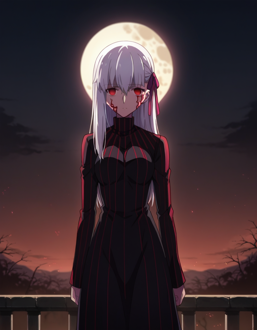 score_9, score_8_up, score_7_up, source_anime,
sakuramatou, <lora:sakura-matou-hf-ponyxl-lora-nochekaiser:1>,
sakura matou, long hair, red eyes, white hair, hair ribbon, empty eyes, dark persona, corruption,
dress, black dress, turtleneck, striped, long sleeves,
outdoors, moon, night, night sky, clouds,
looking at viewer, dutch angle, cowboy shot,