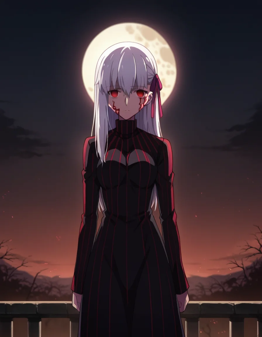 score_9, score_8_up, score_7_up, source_anime,
sakuramatou, <lora:sakura-matou-hf-ponyxl-lora-nochekaiser:1>,
sakura matou, long hair, red eyes, white hair, hair ribbon, empty eyes, dark persona, corruption,
dress, black dress, turtleneck, striped, long sleeves,
outdoors, moon, night, night sky, clouds,
looking at viewer, dutch angle, cowboy shot,