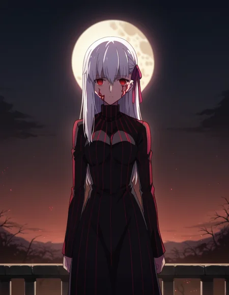 score_9, score_8_up, score_7_up, source_anime,
sakuramatou, <lora:sakura-matou-hf-ponyxl-lora-nochekaiser:1>,
sakura matou, long hair, red eyes, white hair, hair ribbon, empty eyes, dark persona, corruption,
dress, black dress, turtleneck, striped, long sleeves,
outdoors, moon, night, night sky, clouds,
looking at viewer, dutch angle, cowboy shot,