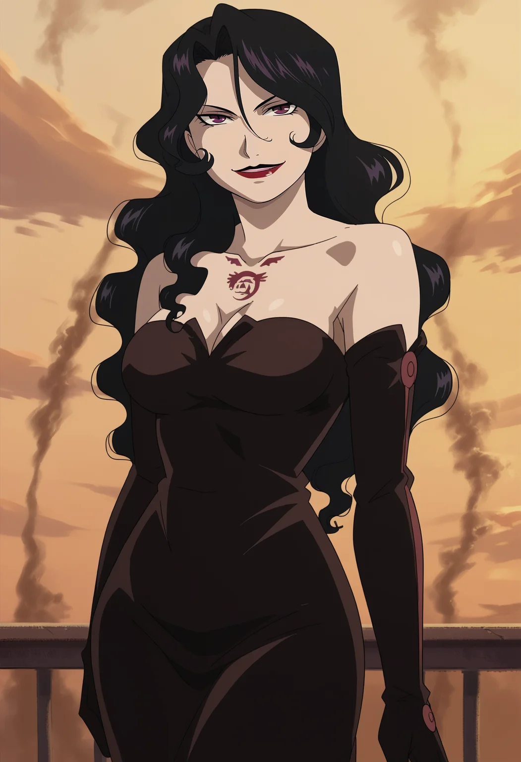 <lora:Lust-Fullmetal_Alchemist:0.9>,Lust,mature female,1girl,solo,black hair,long hair,lipstick,makeup,purple eyes,chest tattoo,dress,cleavage,cowboy shot,looking at viewer,smile