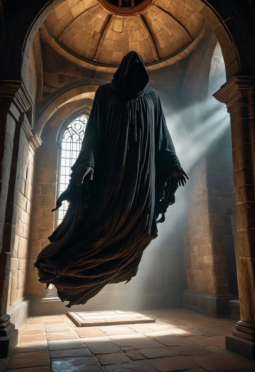 a dementor, levitating ominously. BREAK inside a dimly lit bell tower. vibrant, photo realism, Masterpiece, (8k), (32k), UHD, highest-quality, intricate details, highly detailed, best artist, immaculate micro-details, sharp edges, detailed textures, full body shot, full body cinematic, atmospheric lighting, visually stunning, perfect composition, trending on artstation