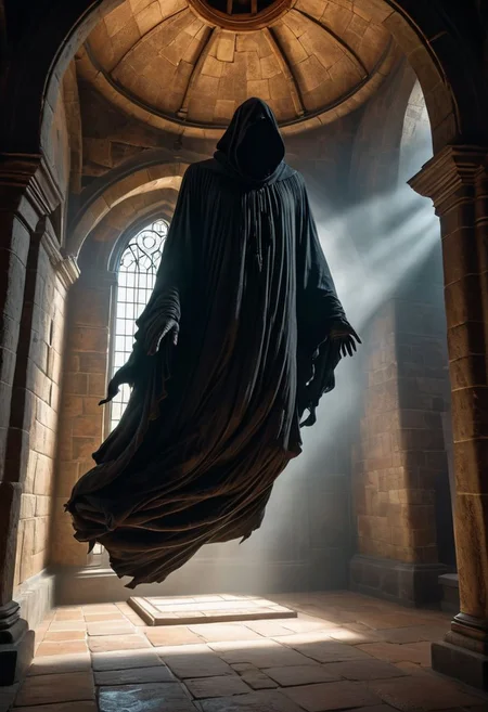 a dementor, levitating ominously. BREAK inside a dimly lit bell tower. vibrant, photo realism, Masterpiece, (8k), (32k), UHD, highest-quality, intricate details, highly detailed, best artist, immaculate micro-details, sharp edges, detailed textures, full body shot, full body cinematic, atmospheric lighting, visually stunning, perfect composition, trending on artstation