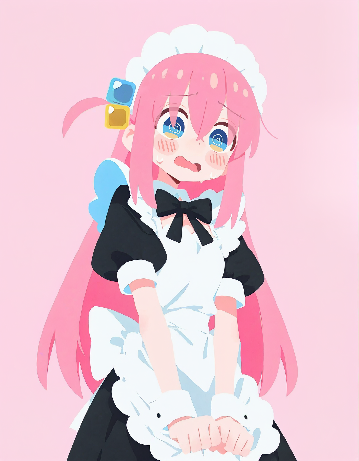very awa,  <lora:haiz_ai_illu:1.0>, haiz_ai,  1girl, gotoh hitori, bocchi the rock!,  flustered, awkward, maid, alternate costume,  pastel colors,  light pink background, no lineart, no outline, flat color,  masterpiece, [best quality:0.25], newest, absurdres, very aesthetic, best quality, year 2024, newest,
