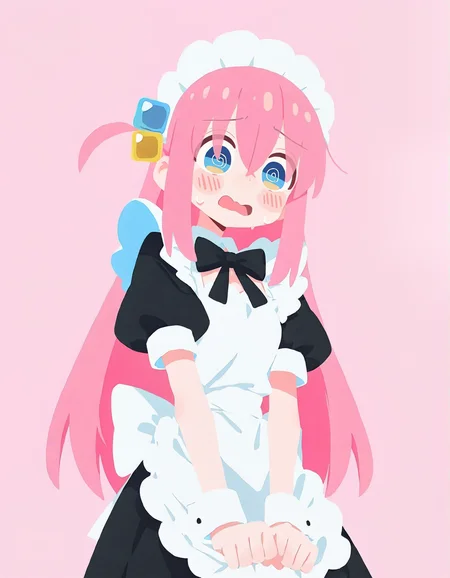 very awa,  <lora:haiz_ai_illu:1.0>, haiz_ai,  1girl, gotoh hitori, bocchi the rock!,  flustered, awkward, maid, alternate costume,  pastel colors,  light pink background, no lineart, no outline, flat color,  masterpiece, [best quality:0.25], newest, absurdres, very aesthetic, best quality, year 2024, newest,