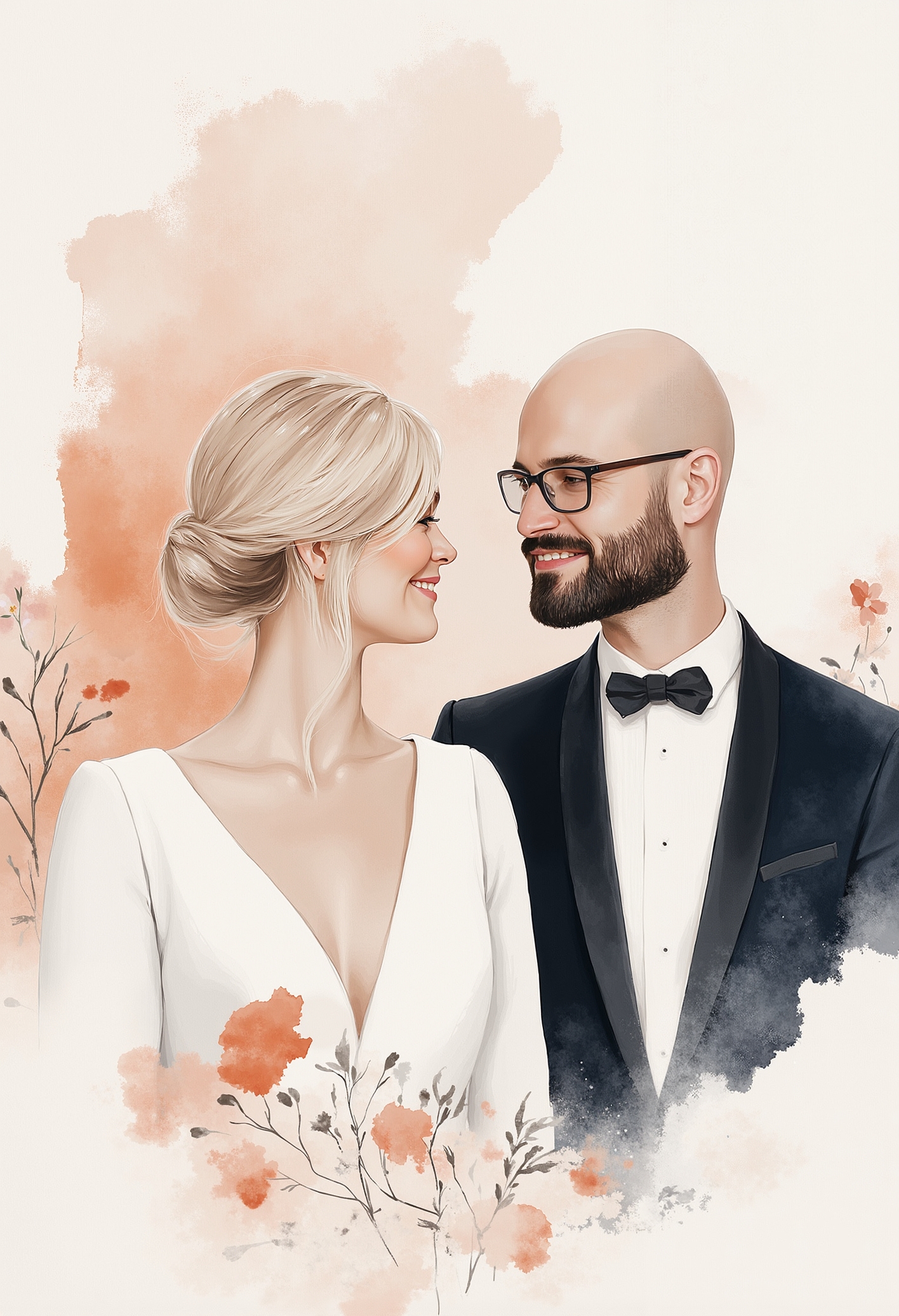 pst007, full-body wedding portrait of a white couple, two people together, a blonde 40-year-old woman with short asymmetric bob karen hair cut, wearing a fancy white wedding dress, a bald 40-year-old man with thin glasses wearing a tuxedo with no beard, in a flowery background