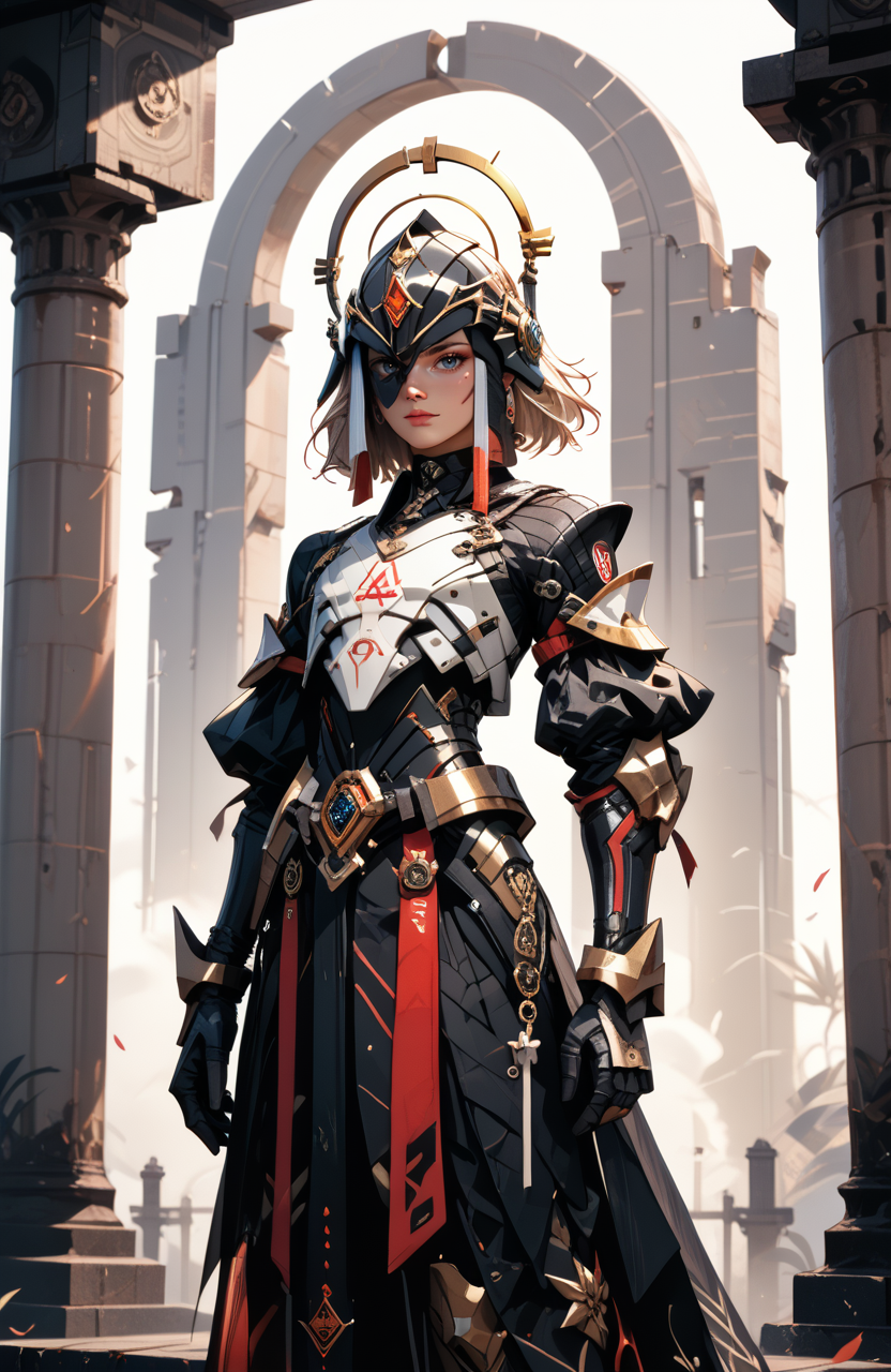 score_9, score_8_up, score_7_up, score_6_up,
cinematic film still, A highly detailed, stylized figure with an androgynous form, standing in a dynamic, forward-leaning pose. Clad in intricate white and black armor, both elegant and menacing, the segmented plates have sharp, angular edges and an organic, bone-metal texture. A sleek, black helmet crowned by a golden halo gives the figure an otherworldly, angelic presence. set against ancient temple with pillars, the color palette contrasts white, black, and gold. The figureâs raised right hand reveals sharp black claws, exuding power and an ethereal mix of fantasy and sci-fi, shallow depth of field, vignette, highly detailed, moody, epic, gorgeous, film grain, grainy,
<lora:Dystopian Anime_epoch_15:1>,